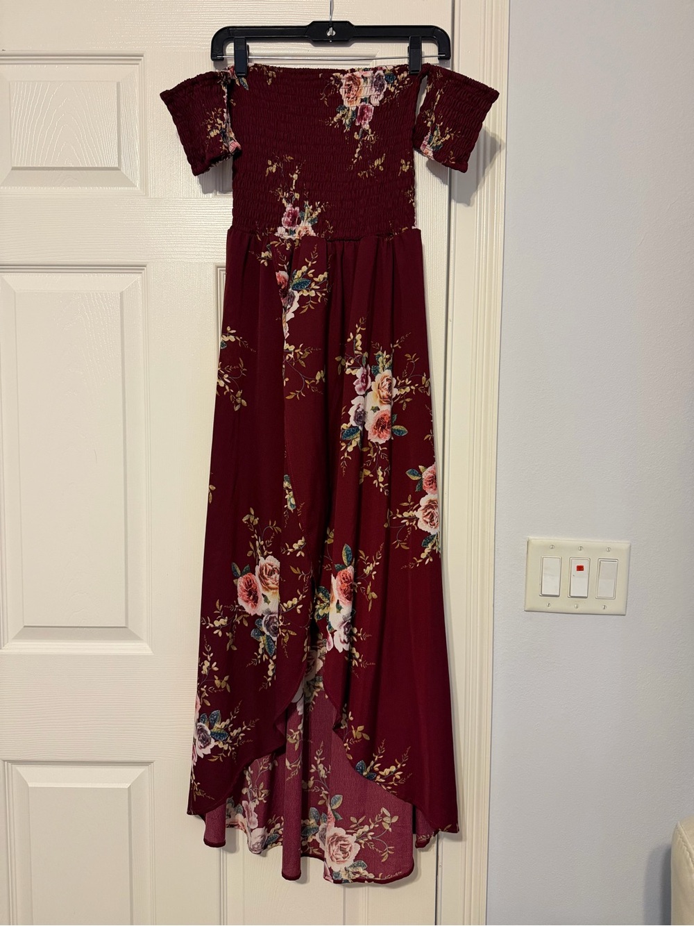 Burgundy Floral Off-Shoulder Maxi Dress